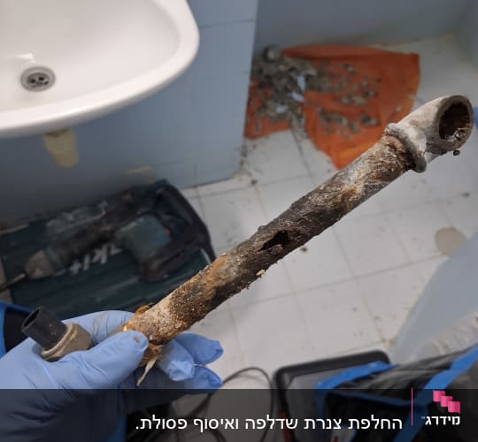 צינור חלוד מוחזק בכפפה ליד כיור בחדר אמבטיה